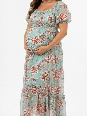 Flowy Spring Midi Dress with Smocked Back and Puffed Sleeves Size L Maternity